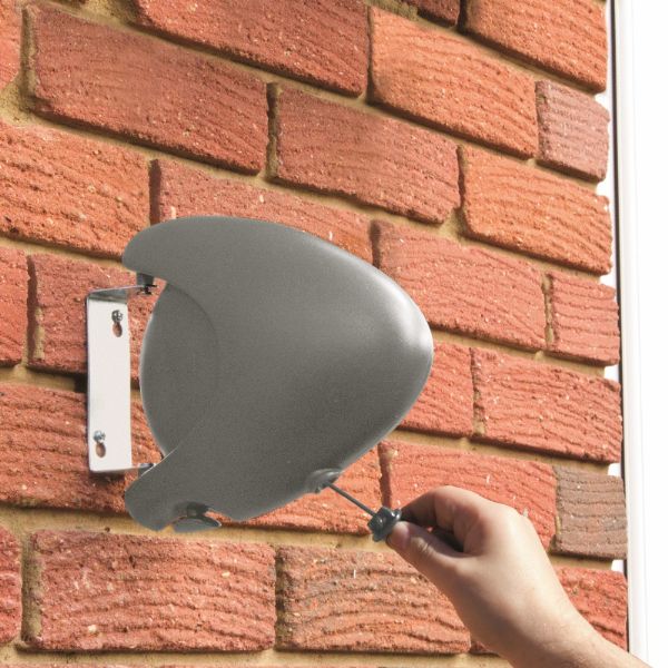 15m grey retractable line on a wall with a handle pulling the hook away from the main body