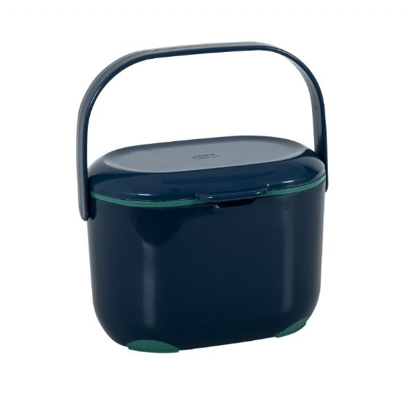 Navy blue plastic compost caddy with a handle on a white background