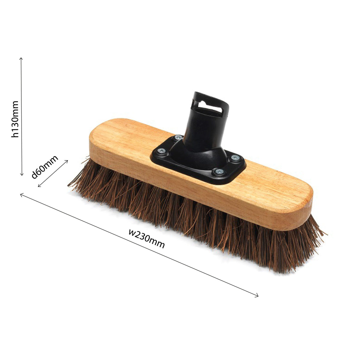 Wooden brush head with bristles and measurements on a white background