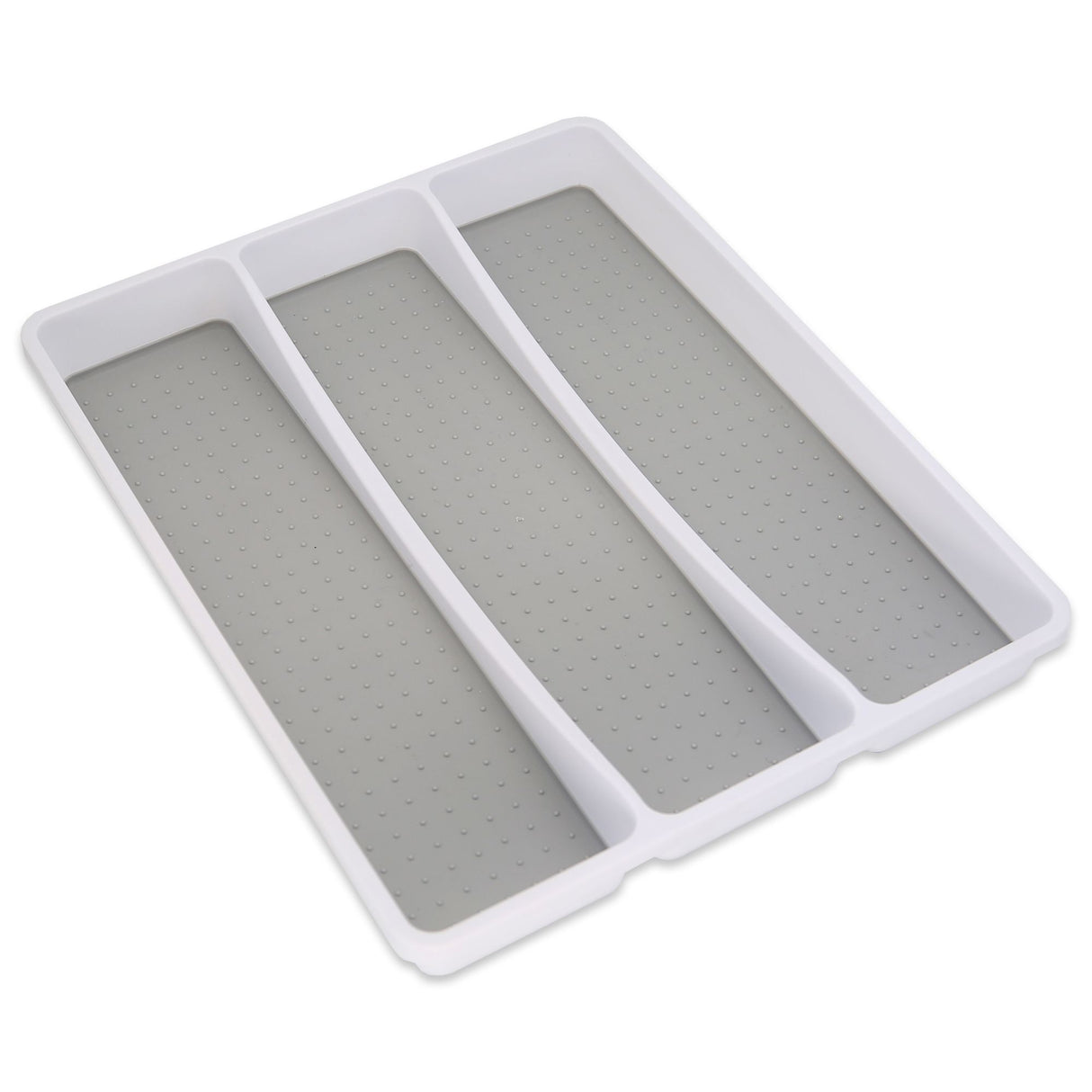 White plastic tray with three compartments with grey grip lining