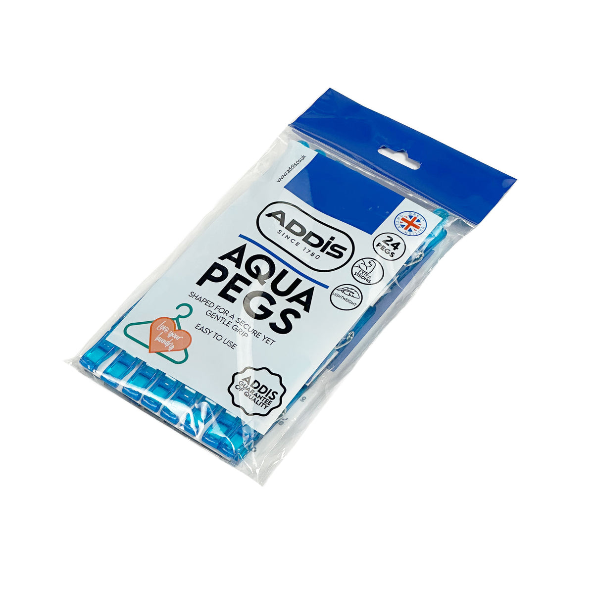 Pack of Addis Aqua Pegs with blue and white packaging on a white background