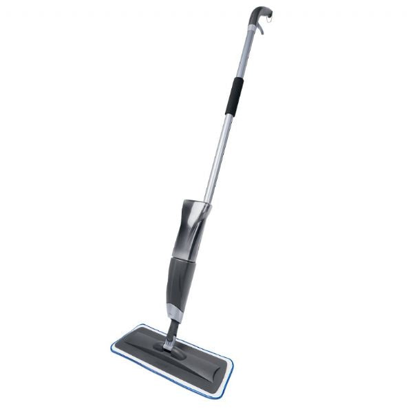 A grey and silver spray mop with a flat microfibre pad and a refillable bottle inserted at the bottom of the pole.