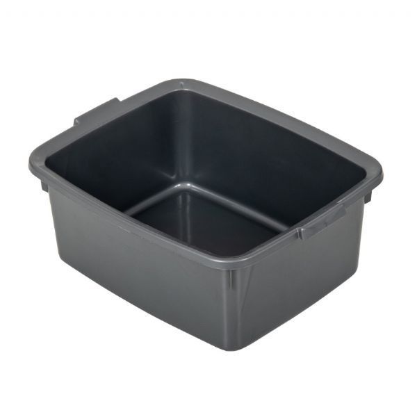A large rectangular black plastic washing up bowl