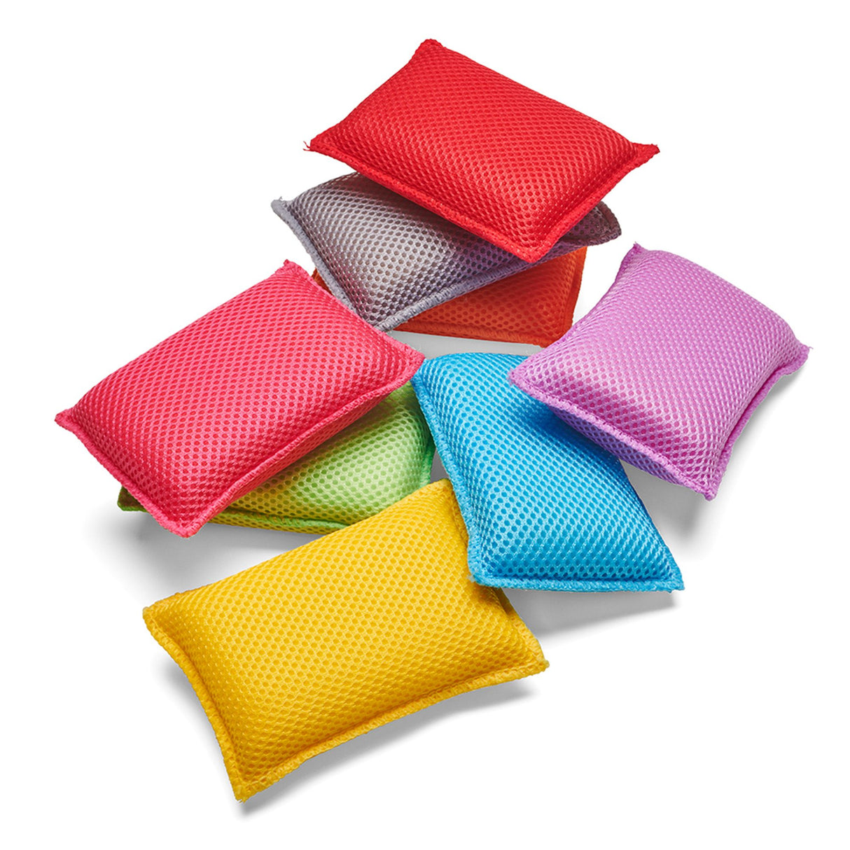 Colorful textured sponges arranged in a circular pattern on a white background.