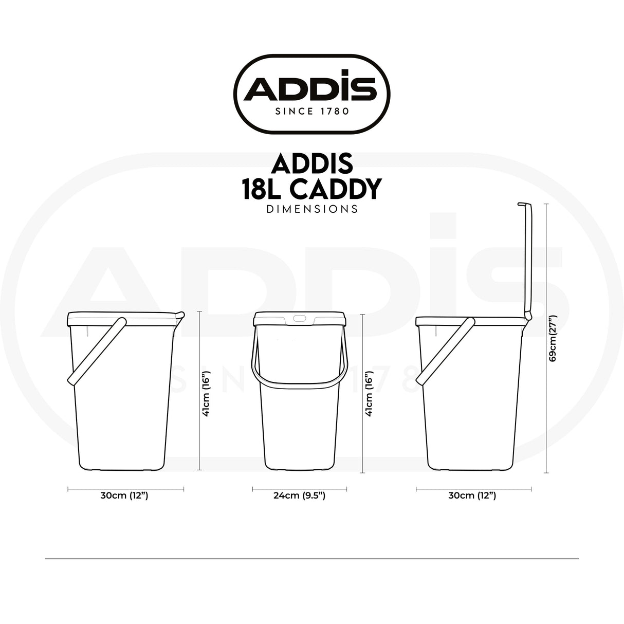 Line drawing of the 18L Utility Caddy with dimensions labelled.