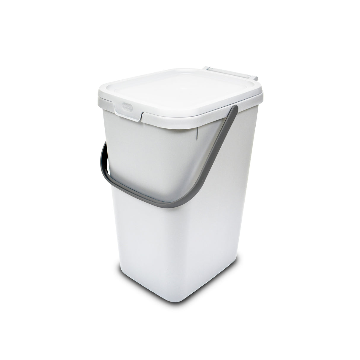 A white utility caddy with a lid and a handle, suitable for storing cleaning supplies or composting food waste.