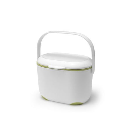 A white and green 2.5L plastic Compost Caddy with a handle on top.