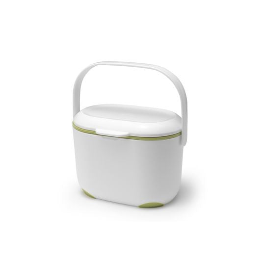 A white and green 2.5L plastic Compost Caddy with a handle on top.