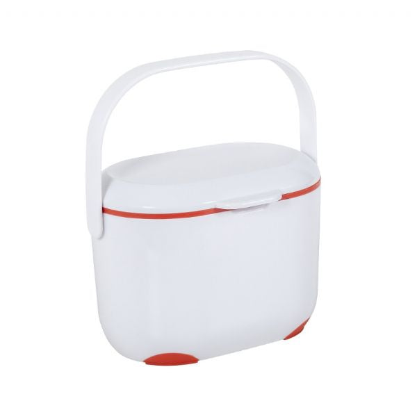 White compost caddy/storage container with a handle and orange accents.