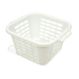 A cream square laundry basket with a solid pattern and handles on the sides.