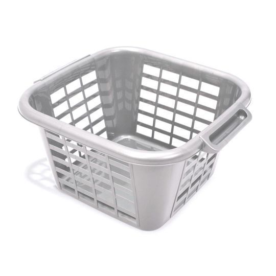 A grey square laundry basket with a solid pattern and handles on the sides.