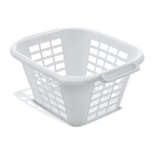 A white square laundry basket with a solid pattern and handles on the sides.