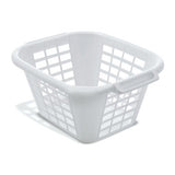 A white square laundry basket with a solid pattern and handles on the sides.