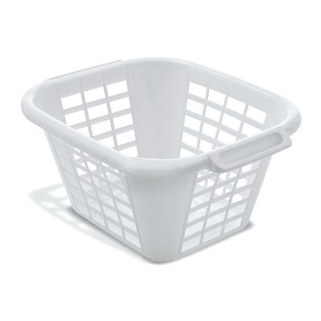 A white square laundry basket with a solid pattern and handles on the sides.