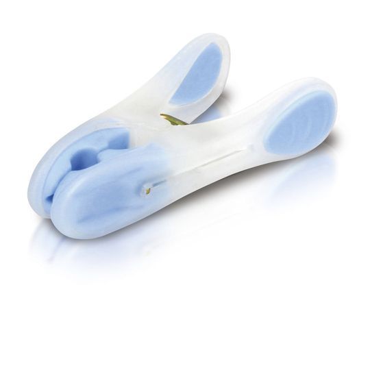A white plastic clothes peg with blue accents