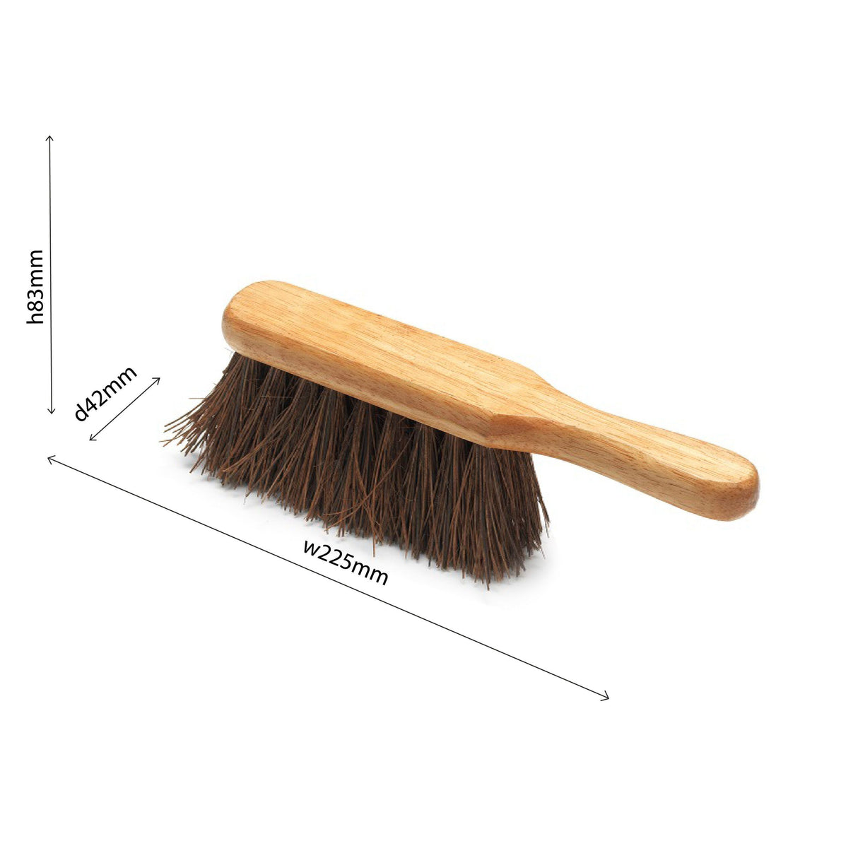Handheld brush with wooden handle and bristles on white background with measurements.