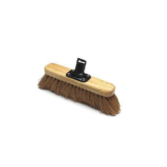 A 275mm soft broom head with brown coco fibers and a wooden base, equipped with a black mounting bracket for attaching to a handle.