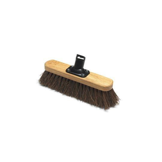 A 275mm stiff broom head with brown bristles and a wooden block, equipped with a black mounting for attaching to a handle.
