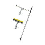 A cleaning kit consisting of a squeegee with a yellow blade and a telescopic handle, and a sponge with a yellow and grey handle, both designed for window cleaning.