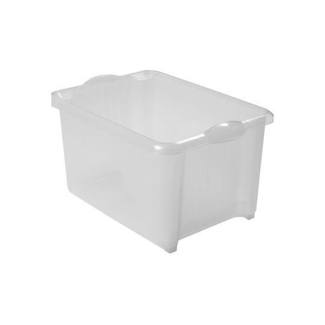 A clear plastic storage box without a lid, featuring handles on the sides.