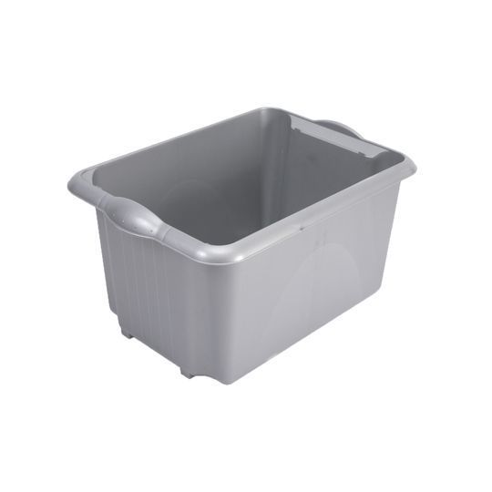 A grey plastic storage box without a lid, featuring handles on the sides.