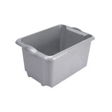 A grey plastic storage box without a lid, featuring handles on the sides.