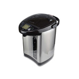A stainless steel thermo pot with a black lid and digital display.