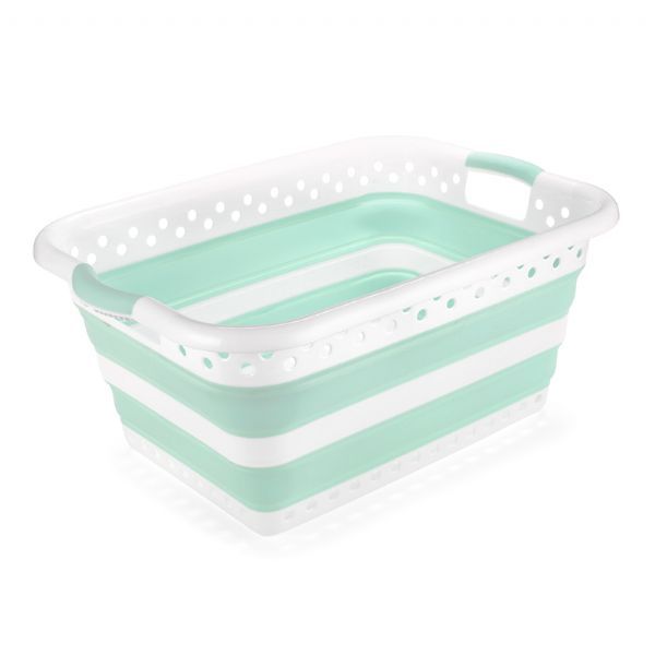 White and blue Addis 45L collapsible plastic laundry basket with handles