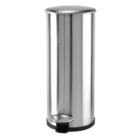 A 30L round pedal bin made of stainless steel with a foot pedal for opening.