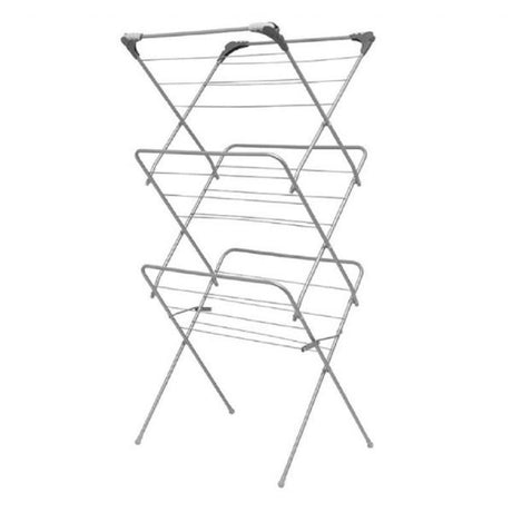 A 3-tier airer with hooks, typically used for drying laundry, made from metal with a silver finish.