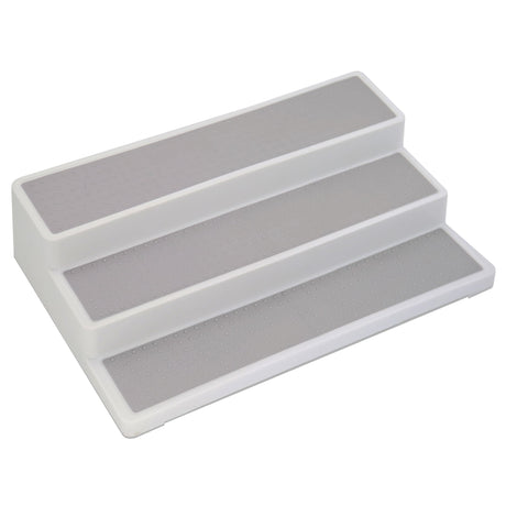 A white base three-tier shelf organiser with grey panels for each tier. 
