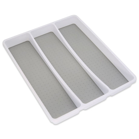 White plastic tray with three compartments with grey grip lining