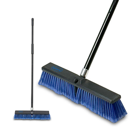 Full length and close-up of the brush head of a black broom with blue bristles on a white background