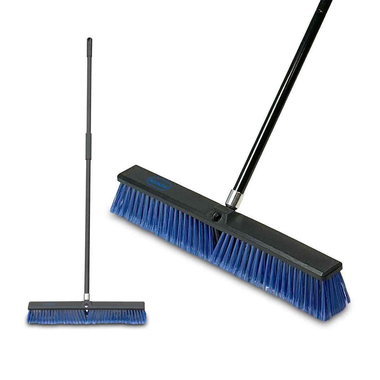 Full length and close-up of the broom head with blue bristles and black handle against a white background