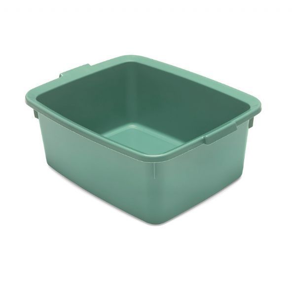 A large rectangular pale sage green plastic washing up bowl