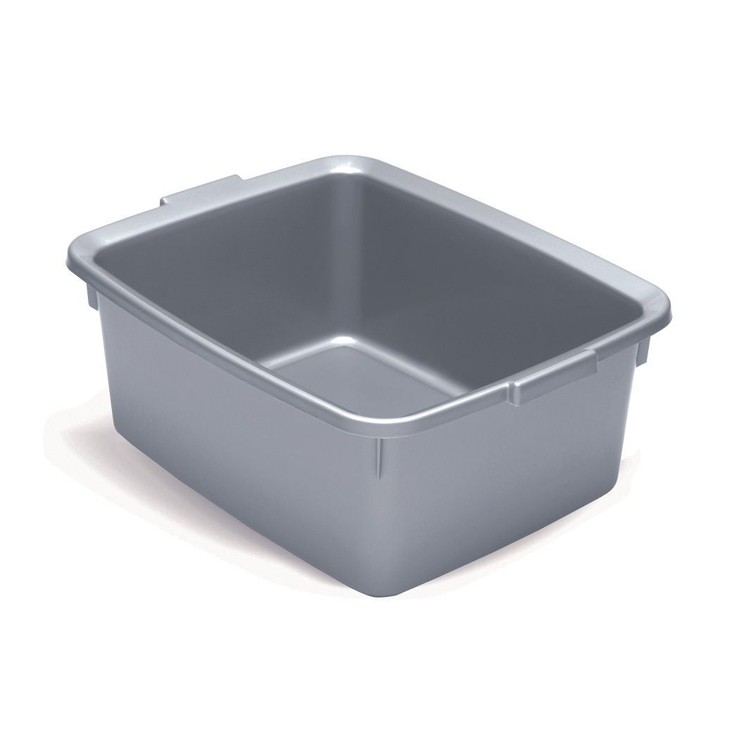A large rectangular grey plastic washing up bowl