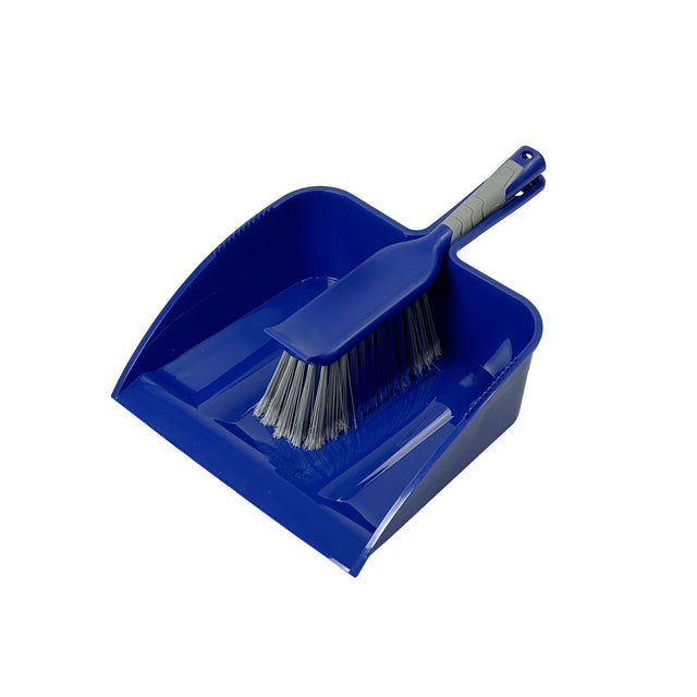 Large blue dustpan and brush set on a white background